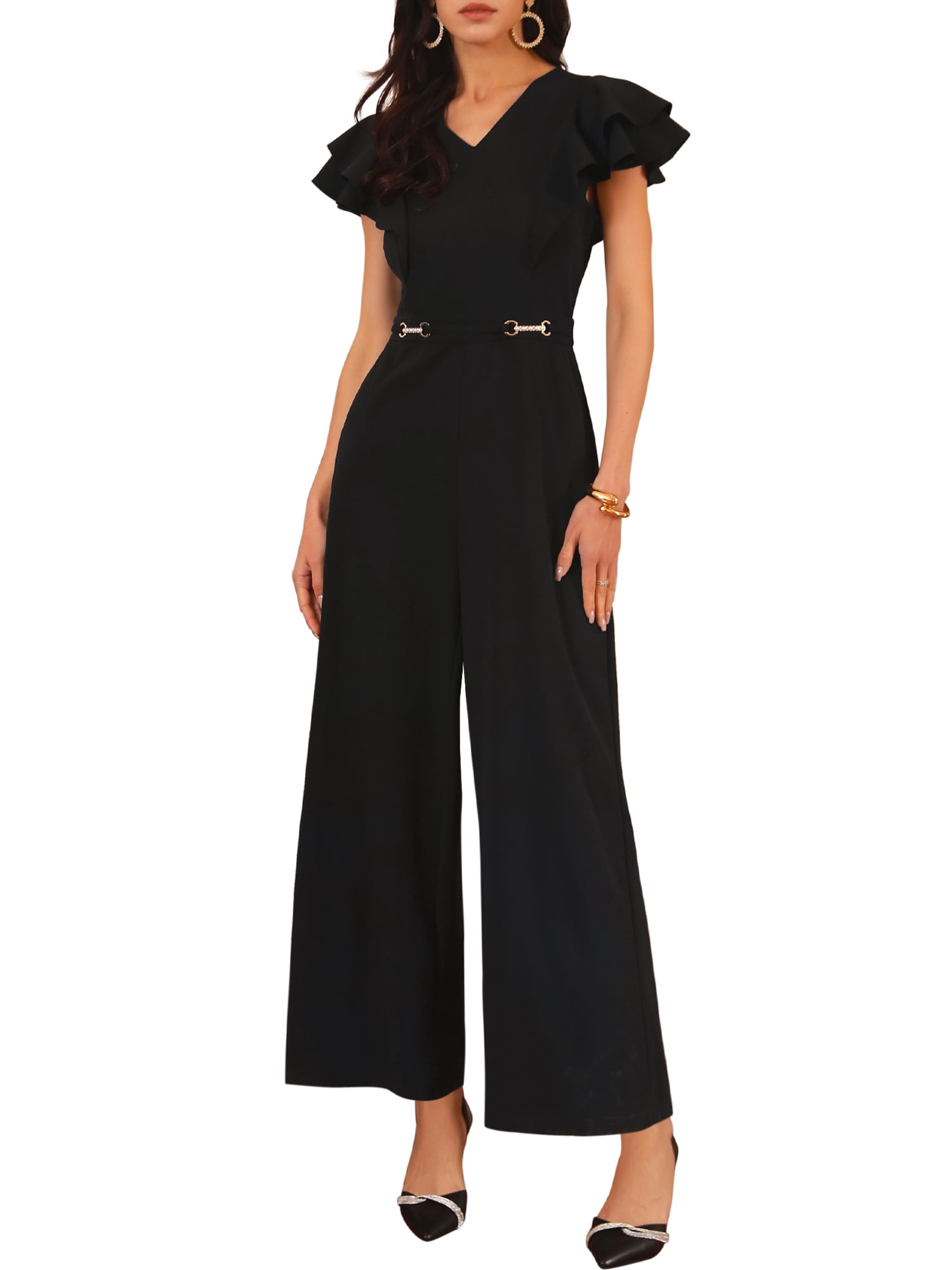 DARING DIVA Women's Formal Ruffled Sleeve Wide Legs Jumpsuits 2XL Black