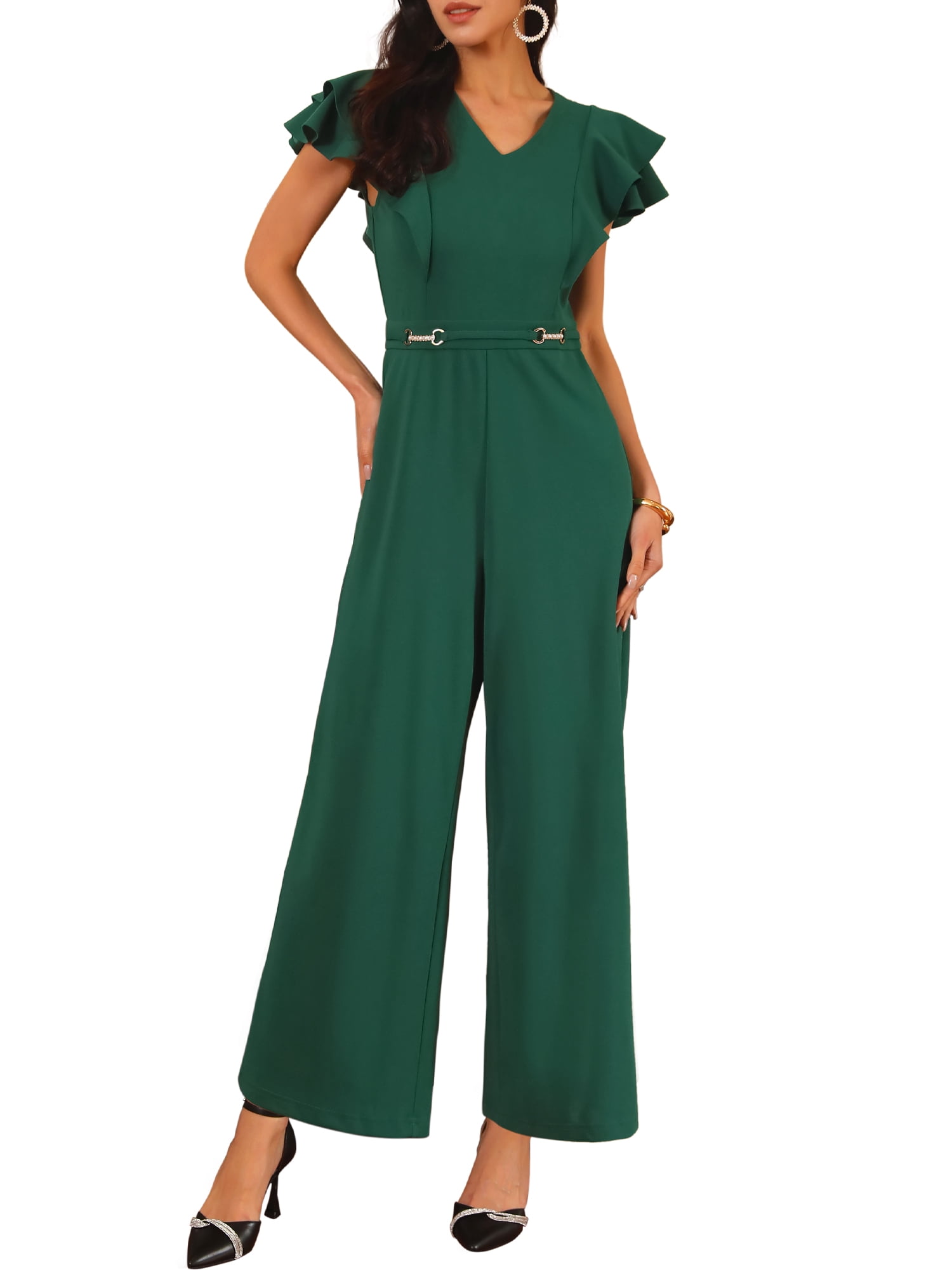 DARING DIVA Women's Formal Ruffled Sleeve Wide Legs Jumpsuits M Dark Green