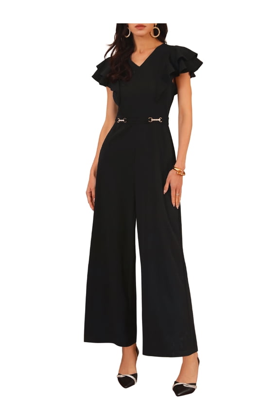 Women's Formal Ruffled Sleeve Wide Legs Jumpsuits XL Black