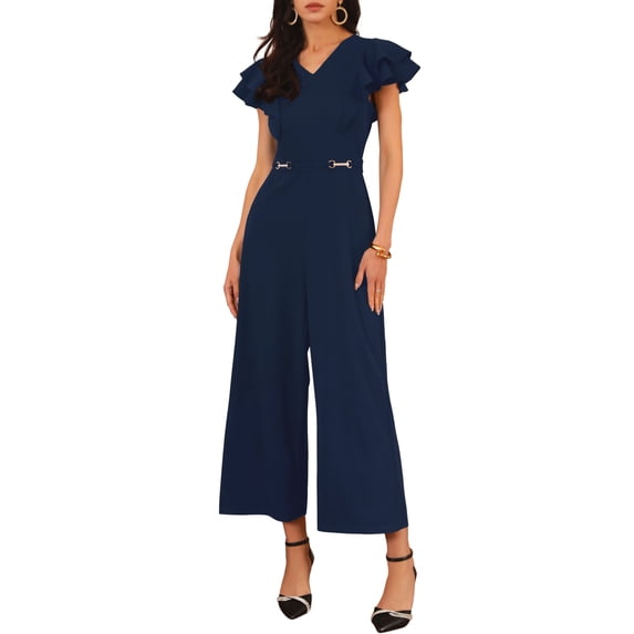 DARING DIVA Women's Formal Ruffled Sleeve Wide Legs Jumpsuits XL Dark Blue