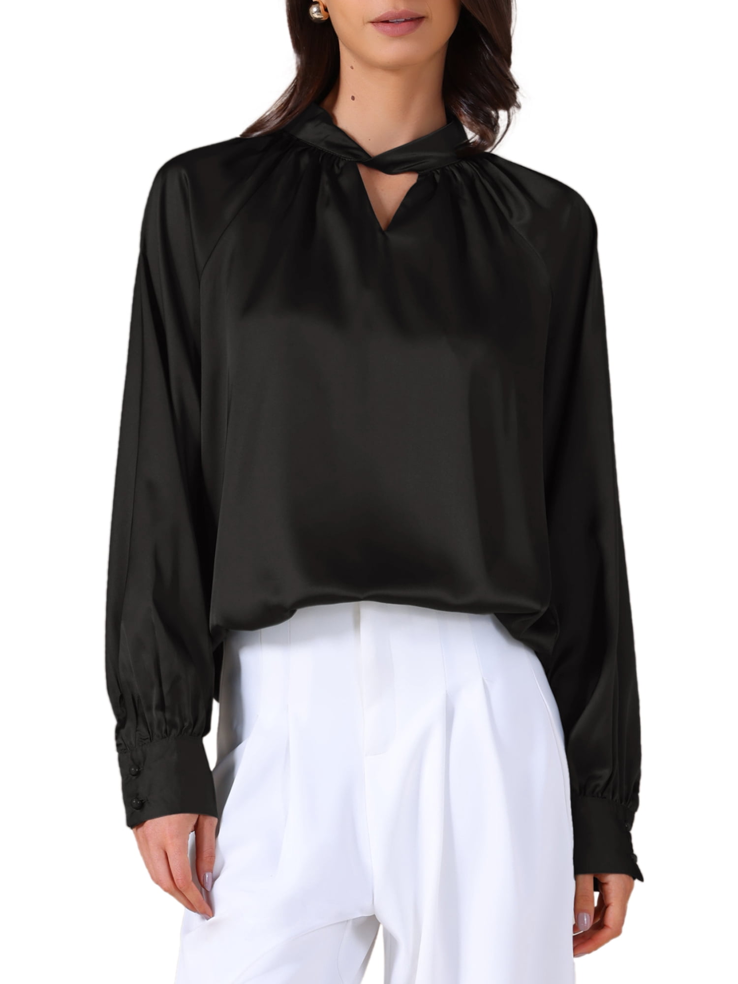 DARING DIVA Women's Formal Satin Silk Blouse with Long Sleeves S Black