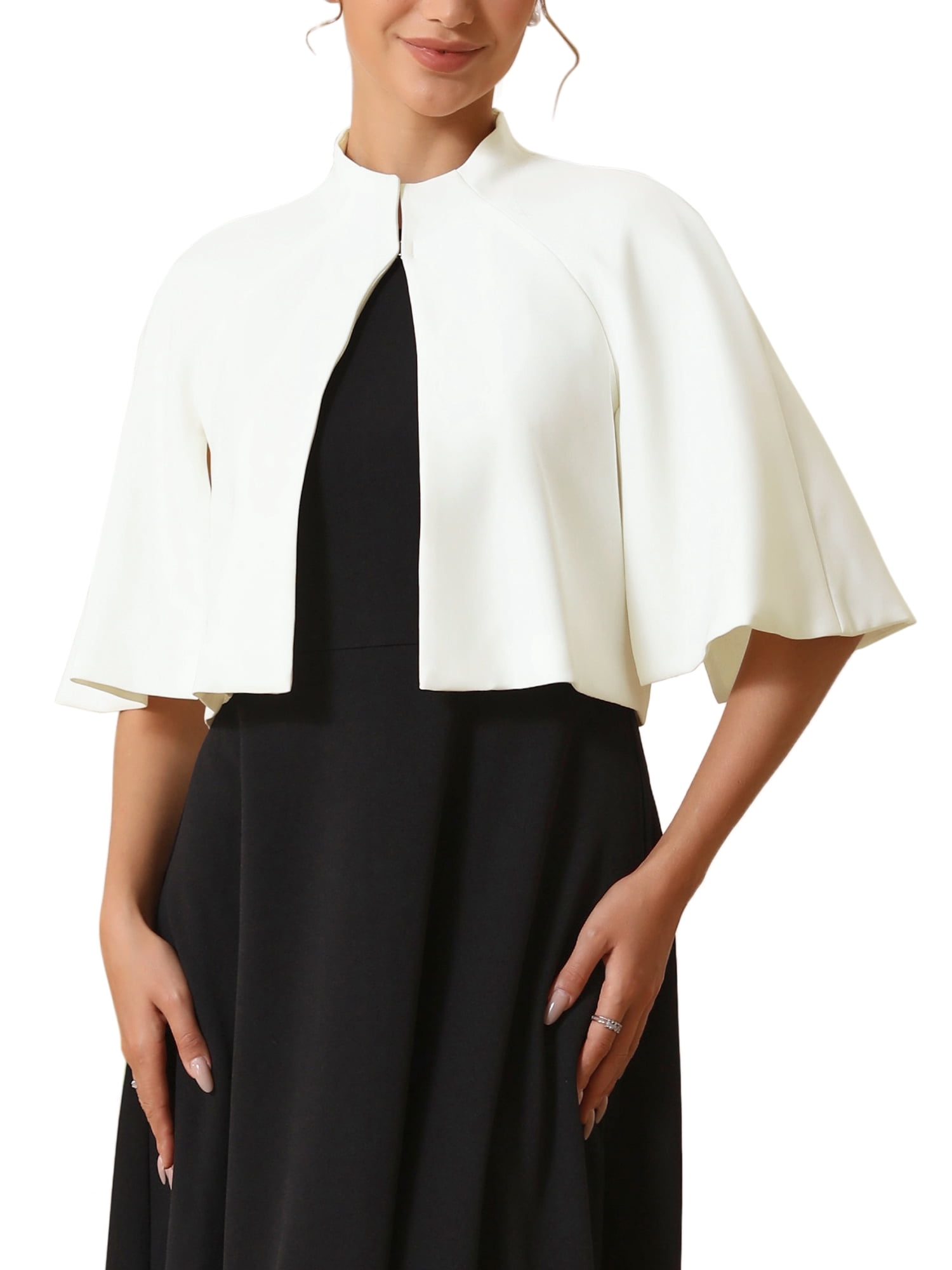 DARING DIVA Women's Formal Shrug Crewneck Split Short Sleeve Cape Blazer L White