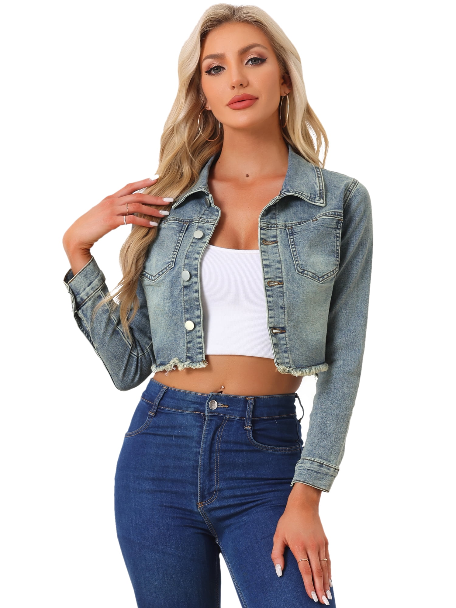 DARING DIVA Women's Frayed Button Up Washed Cropped Denim Jackets L Gray Blue