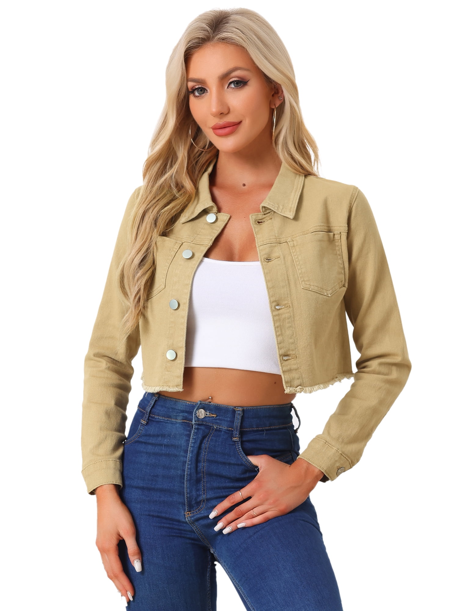 DARING DIVA Women's Frayed Button Up Washed Cropped Denim Jackets L Khaki