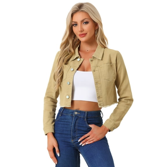 DARING DIVA Women's Frayed Button Up Washed Cropped Denim Jackets L Khaki