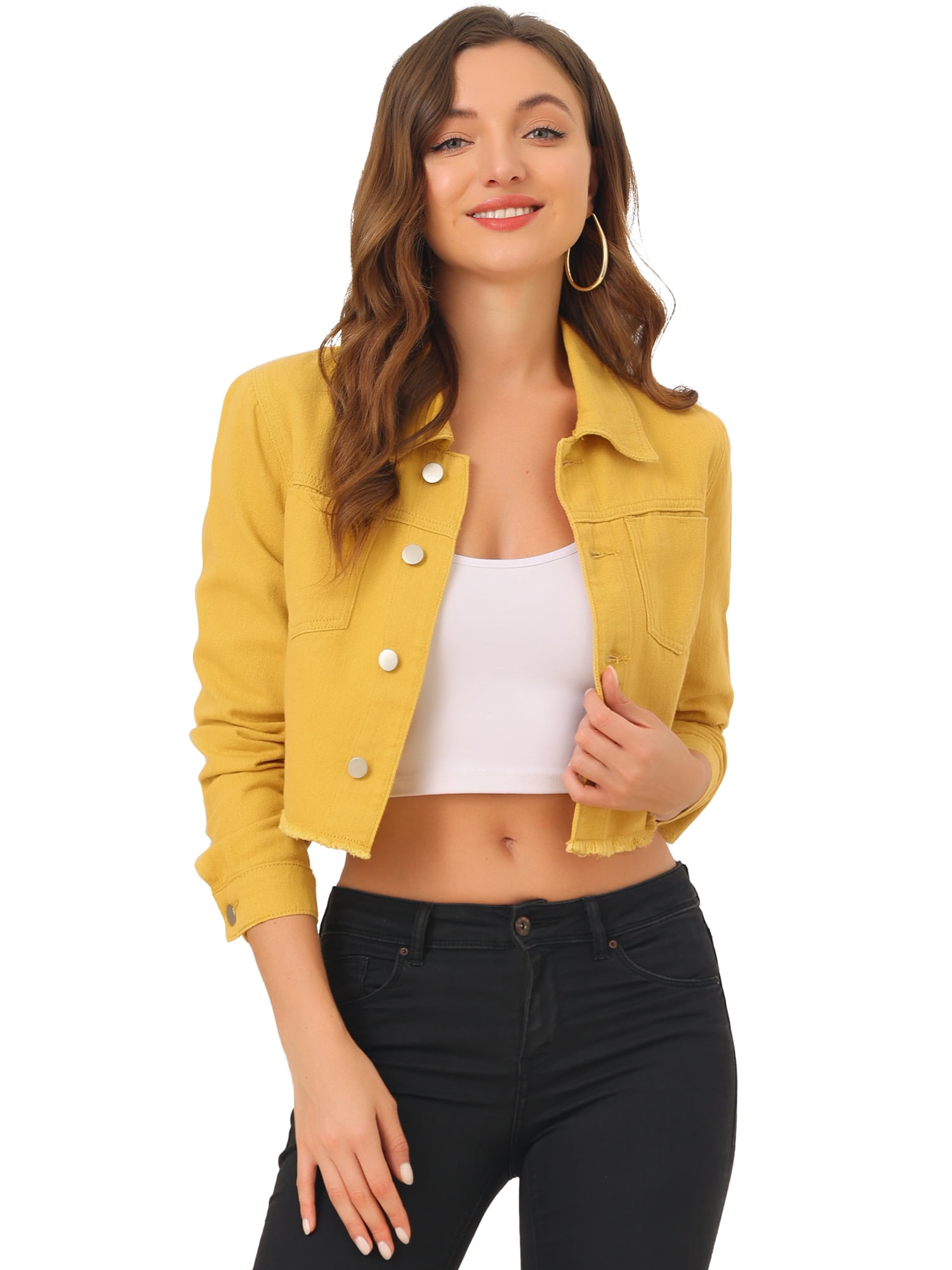DARING DIVA Women's Frayed Button Up Washed Cropped Denim Jackets L Mustard