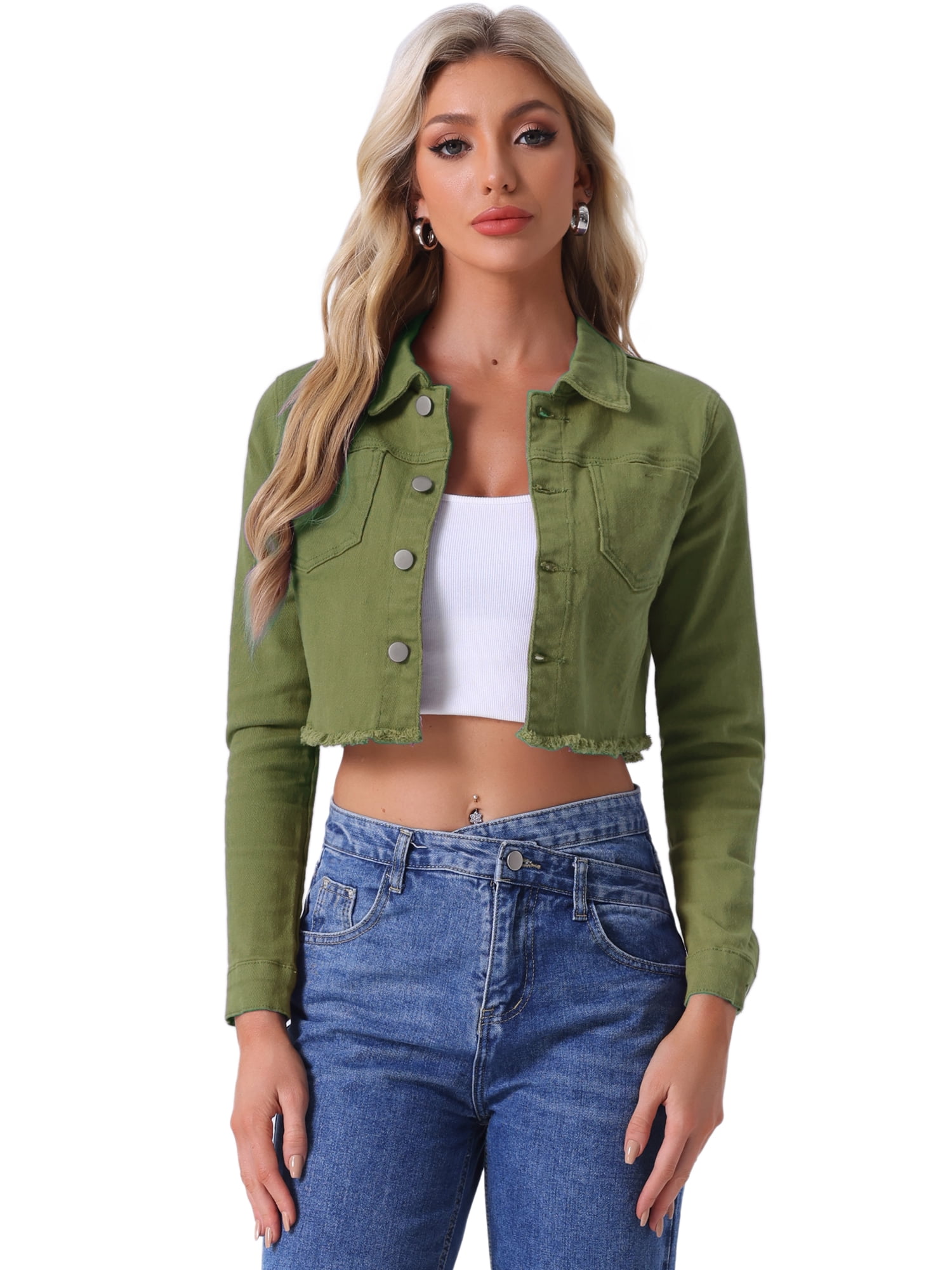 DARING DIVA Women's Frayed Button Up Washed Cropped Denim Jackets M Green