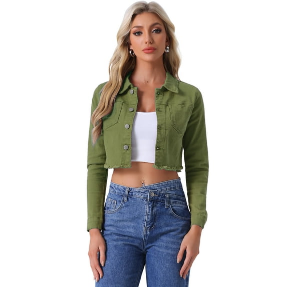 DARING DIVA Women's Frayed Button Up Washed Cropped Denim Jackets M Green