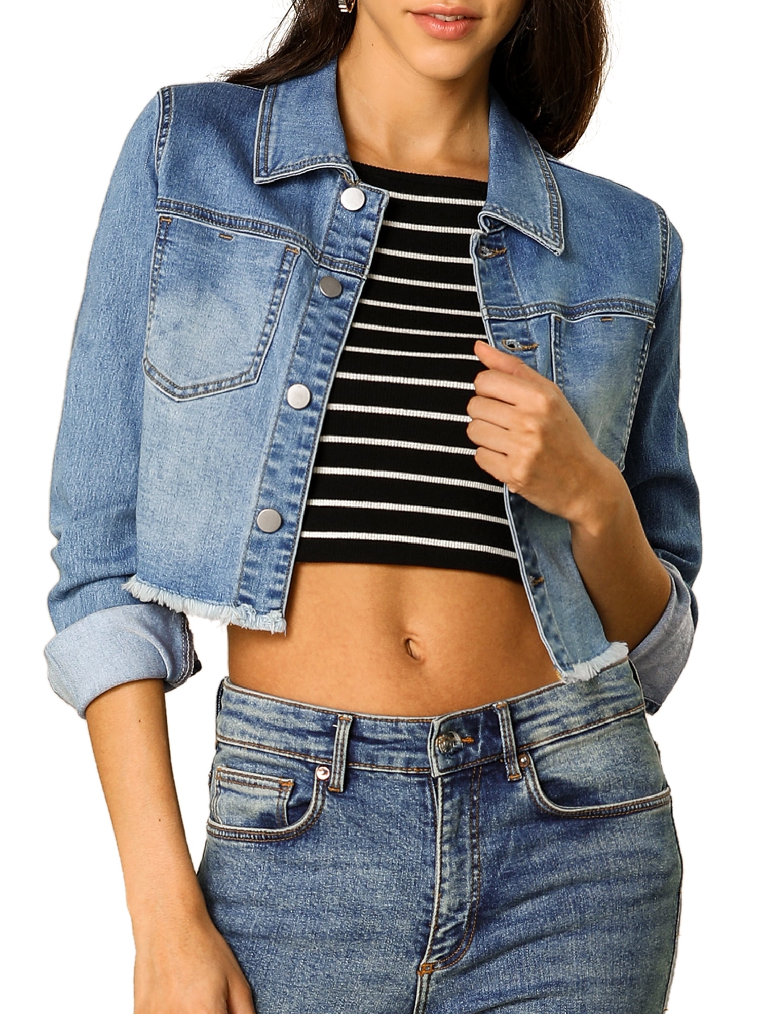 DARING DIVA Women's Frayed Button Up Washed Cropped Denim Jackets M Light Blue