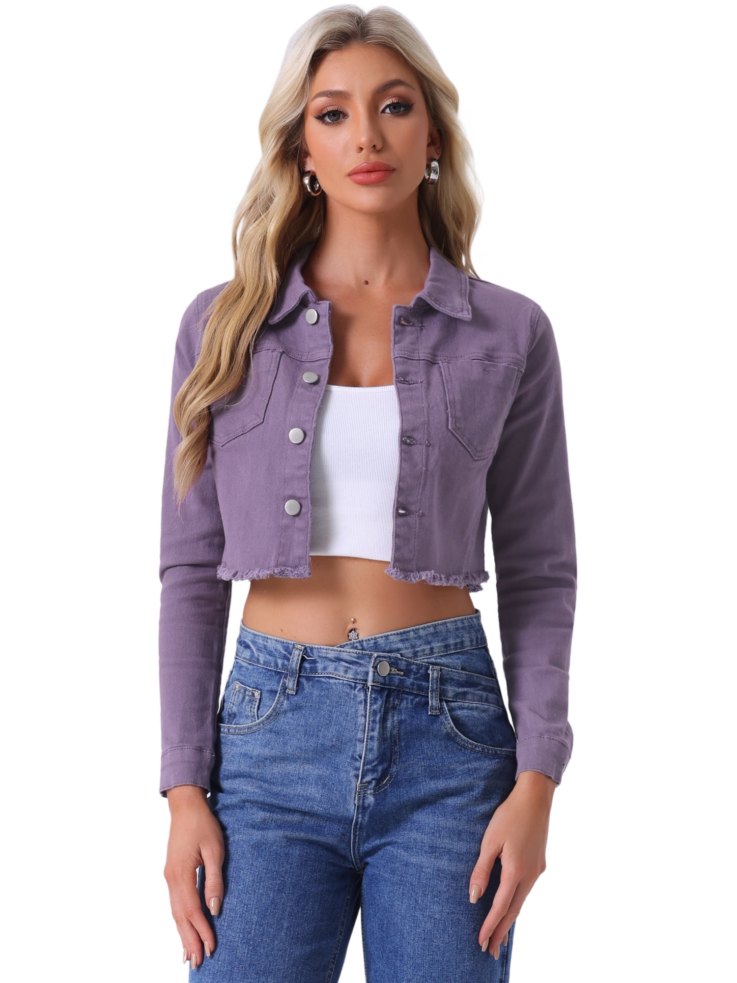 DARING DIVA Women's Frayed Button Up Washed Cropped Denim Jackets M Purple