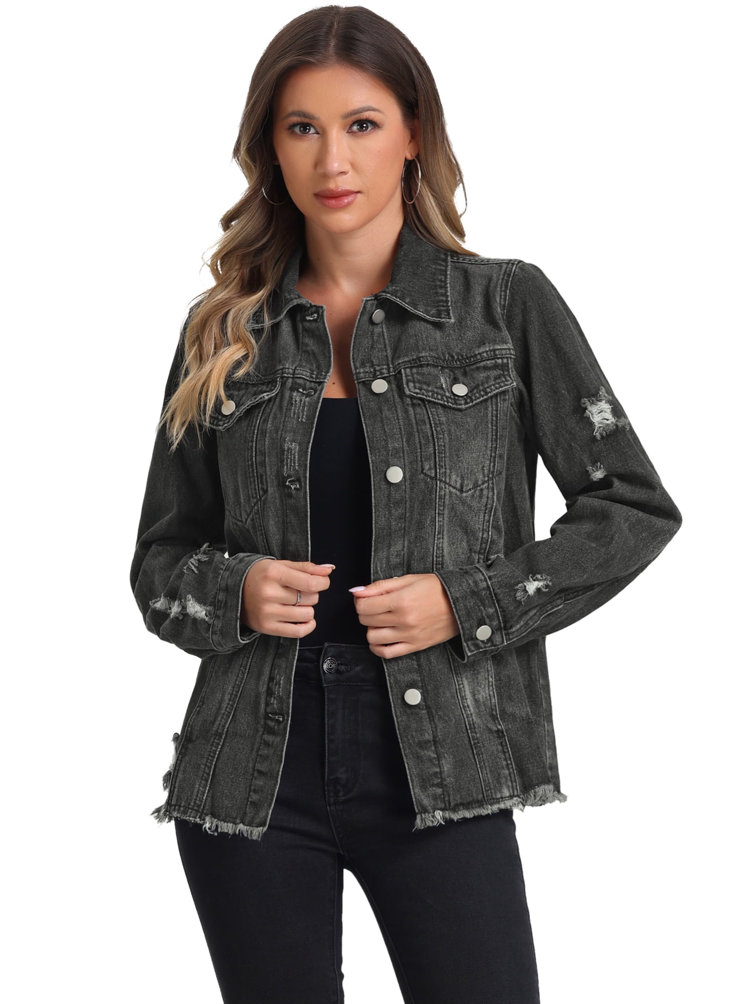 DARING DIVA Women's Frayed Distressed Washed Denim Jacket XL Black