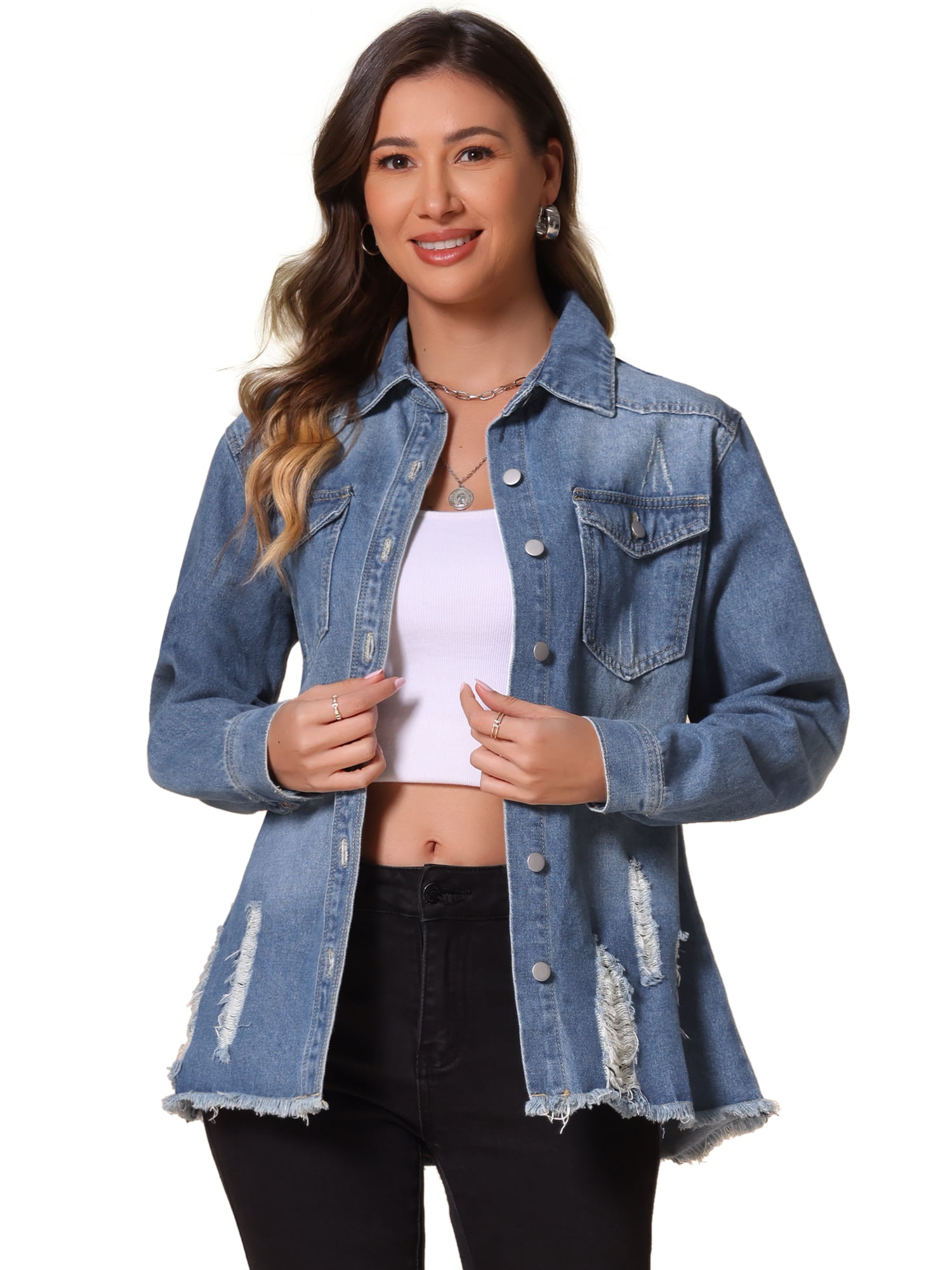 DARING DIVA Women's Frayed Hem Ripped Distressed Denim Jacket L Blue
