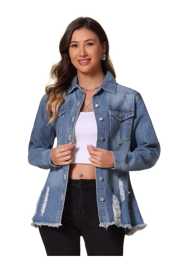 Women's Frayed Hem Ripped Distressed Denim Jacket L Blue