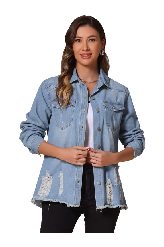 Women's Frayed Hem Ripped Distressed Denim Jacket M Light Blue