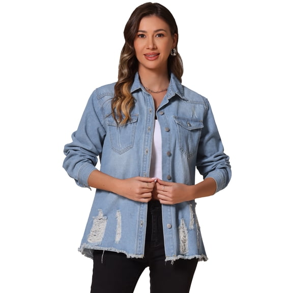 DARING DIVA Women's Frayed Hem Ripped Distressed Denim Jacket S Light Blue