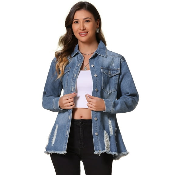 DARING DIVA Women's Frayed Hem Ripped Distressed Denim Jacket XS Blue