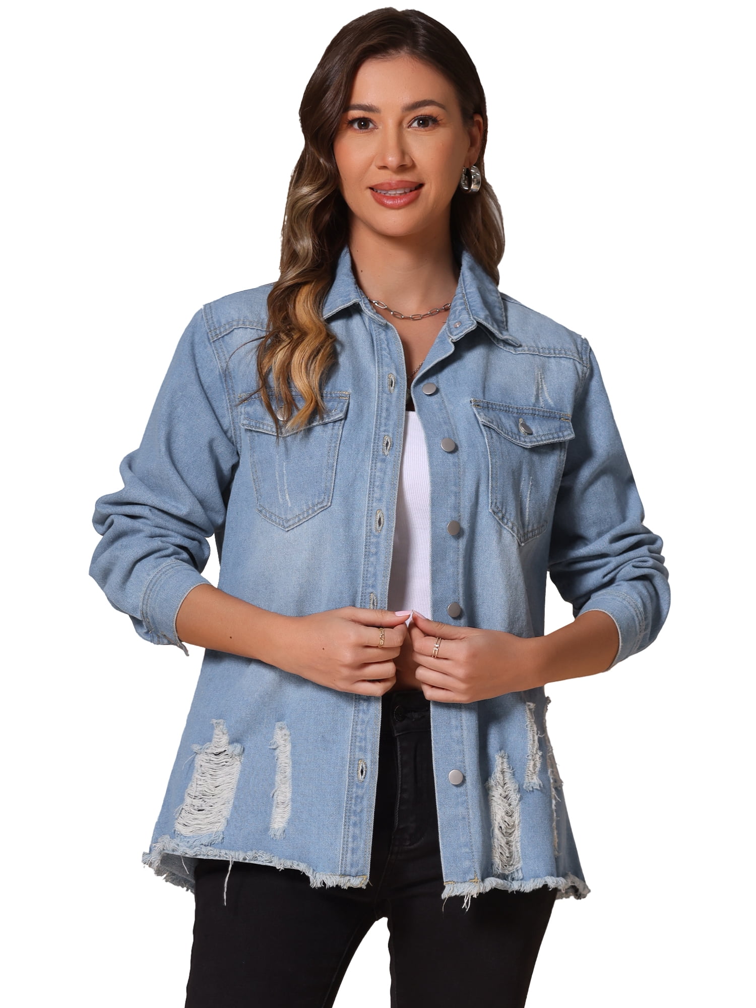 DARING DIVA Women's Frayed Hem Ripped Distressed Denim Jacket XS Light Blue