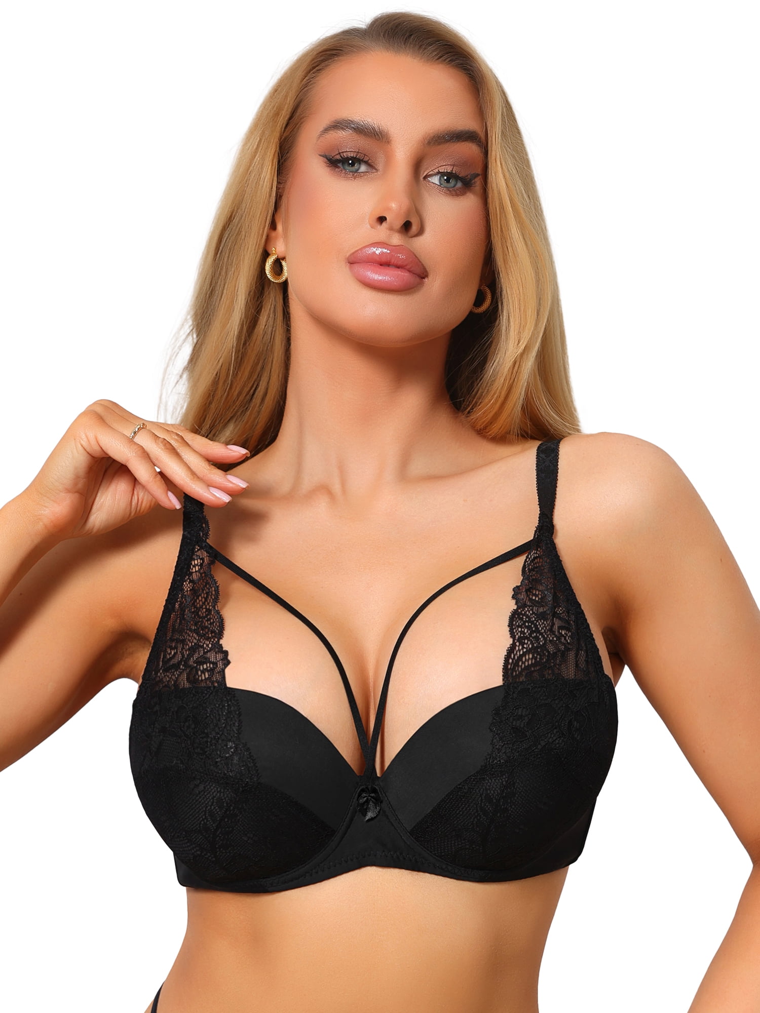 DARING DIVA Women's French Lace Bra Full Coverage Push Up Minimizer C 38 Black