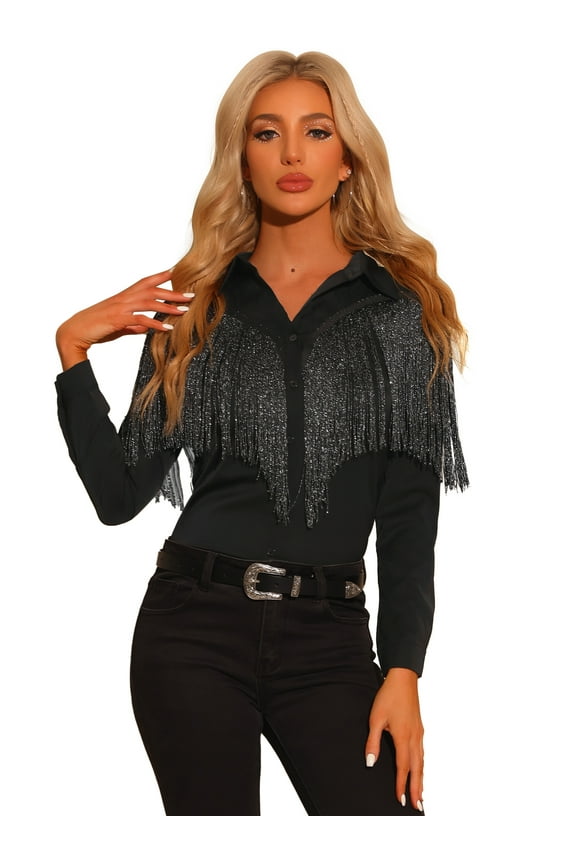Women's Fringe Button Down Disco Shirts Blouse L Black