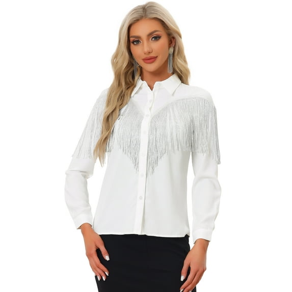 DARING DIVA Women's Fringe Button Down Disco Shirts Blouse M White
