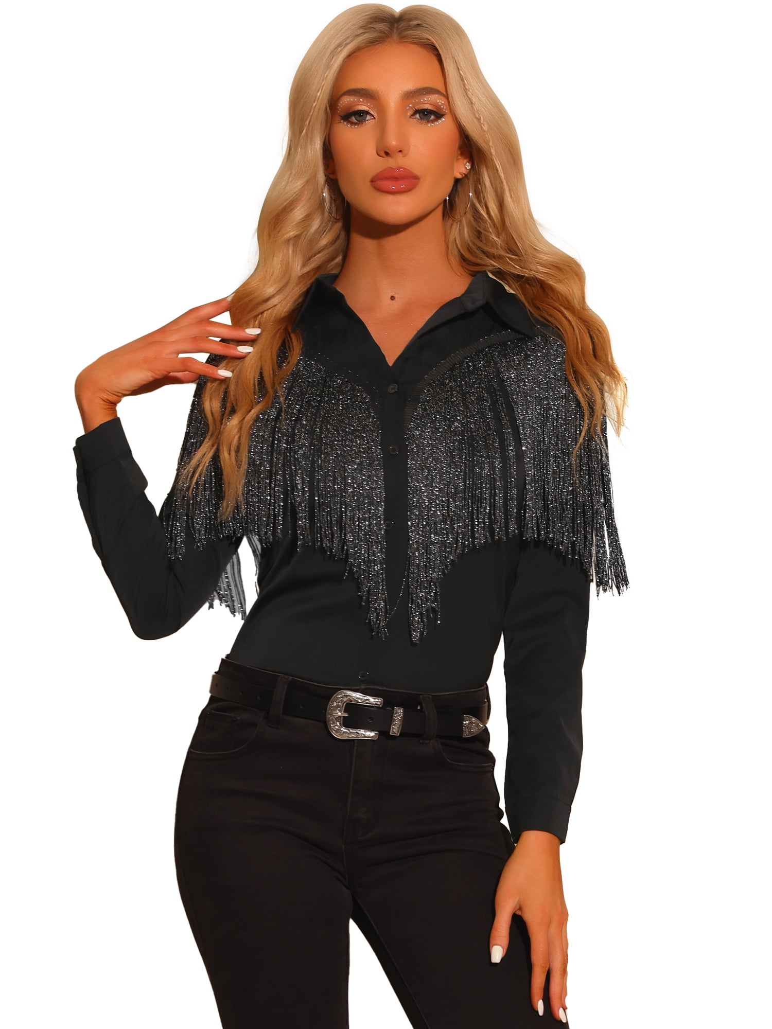 DARING DIVA Women's Fringe Button Down Disco Shirts Blouse XL Black