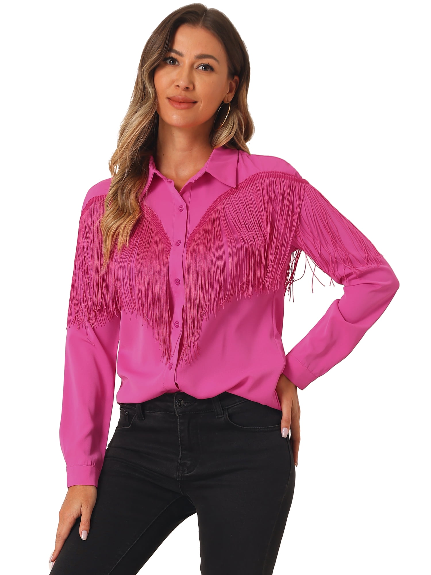 DARING DIVA Women's Fringe Button Down Disco Shirts Blouse XL Hot Pink