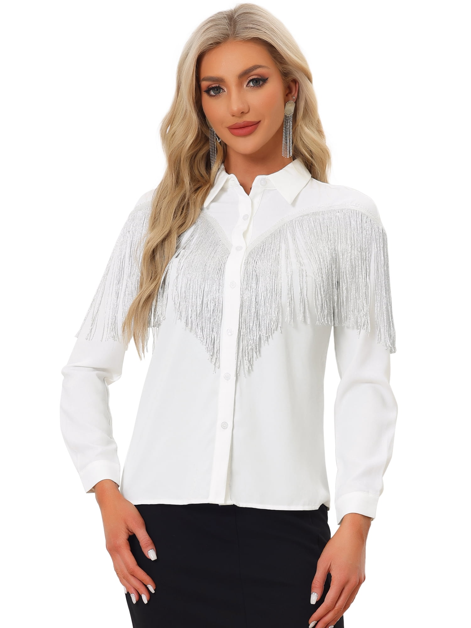 DARING DIVA Women's Fringe Button Down Disco Shirts Blouse XS White