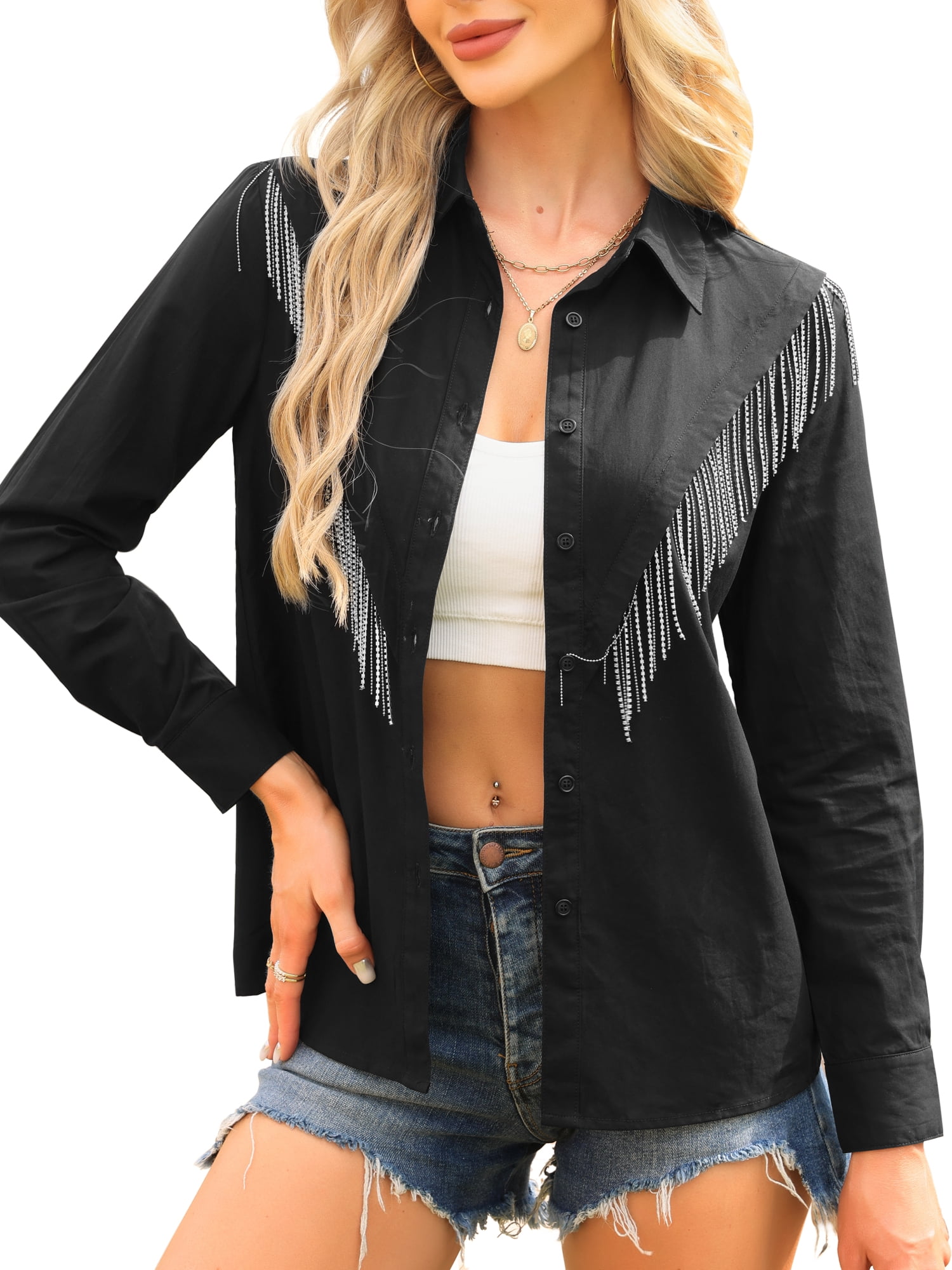 DARING DIVA Women's Fringe Button Down Long Sleeve Sparkle Tassel Cowgirl XS Black