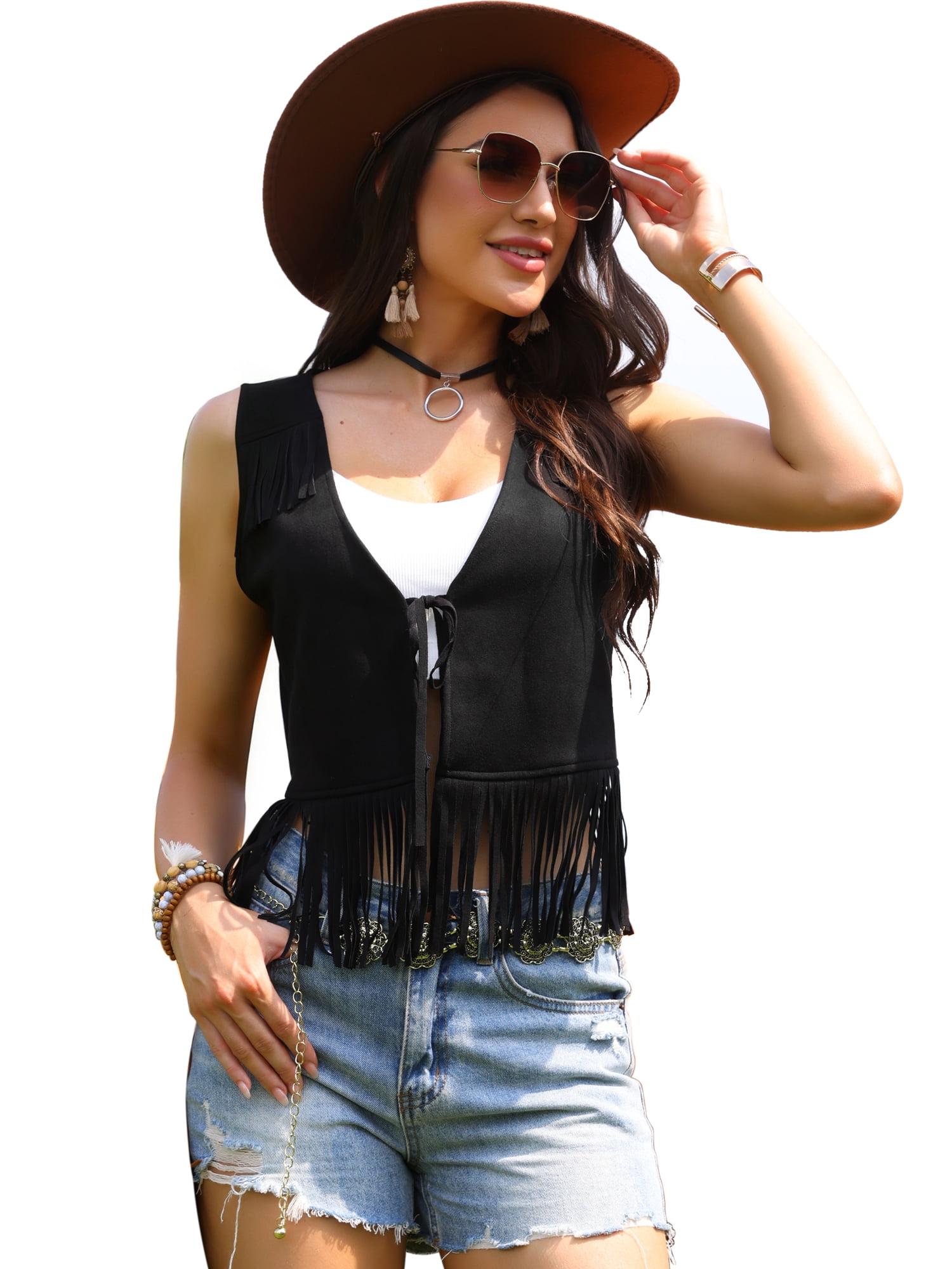 DARING DIVA Women's Fringe Cowgirl Sleeveless Faux Suede Tassel Vest S Black