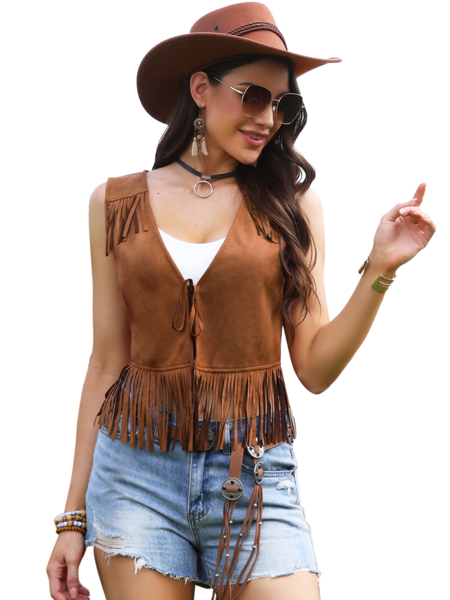 DARING DIVA Women's Fringe Cowgirl Sleeveless Faux Suede Tassel Vest S Brown
