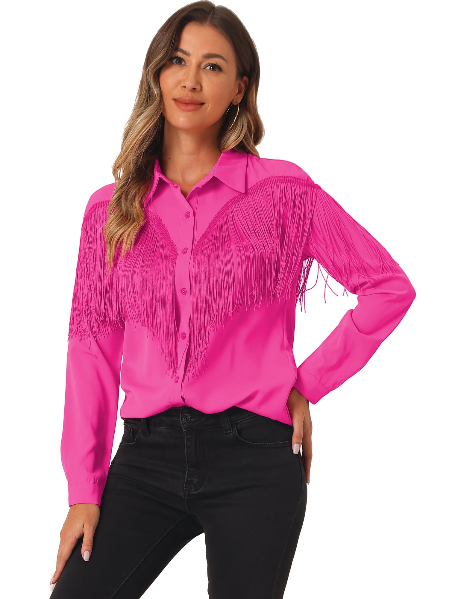 DARING DIVA Women's Fringe Long Sleeve Button Down Disco Party Blouse M Red