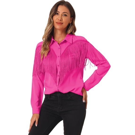 DARING DIVA Women's Fringe Long Sleeve Button Down Disco Party Blouse XS Red