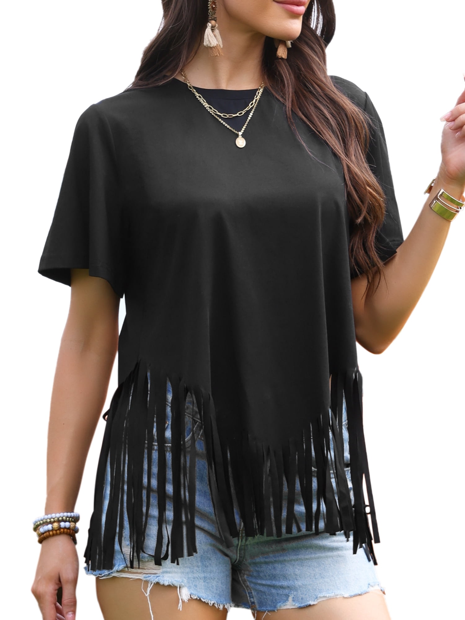 DARING DIVA Women's Fringe Tops Short Sleeve Crew Neck Solid Tassel T Shirts M Black