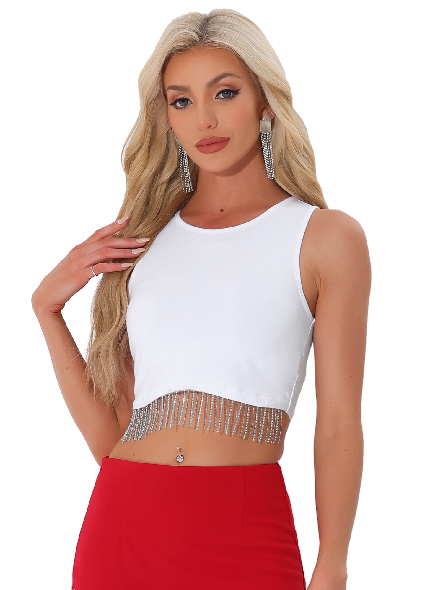 DARING DIVA Women's Fringe Tops Y2K Raceback Sparkly Tank Crop Tops M White