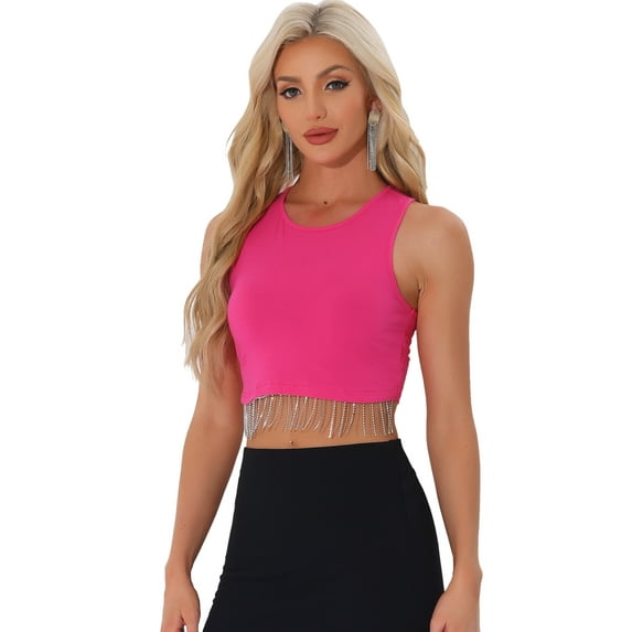 DARING DIVA Women's Fringe Tops Y2K Raceback Sparkly Tank Crop Tops S Hot Pink
