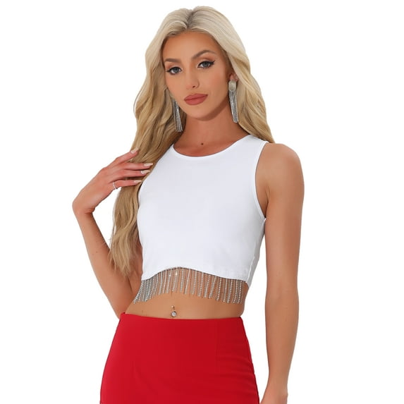 DARING DIVA Women's Fringe Tops Y2K Raceback Sparkly Tank Crop Tops S White