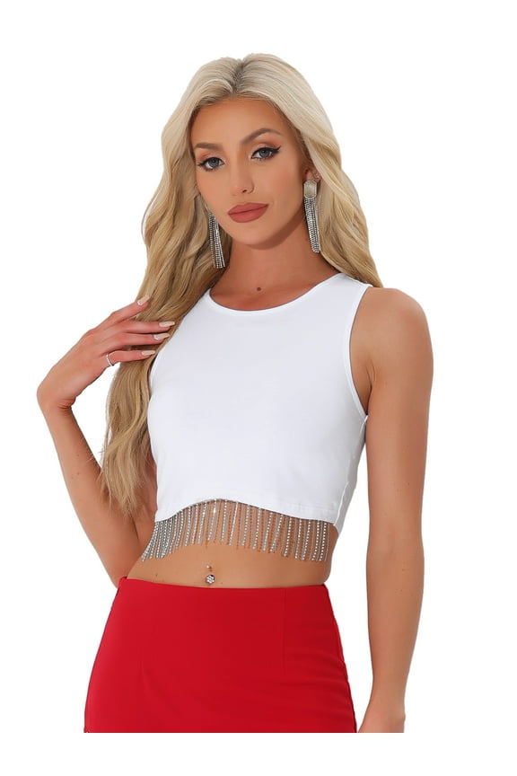 Women's Fringe Tops Y2K Raceback Sparkly Tank Crop Tops S White