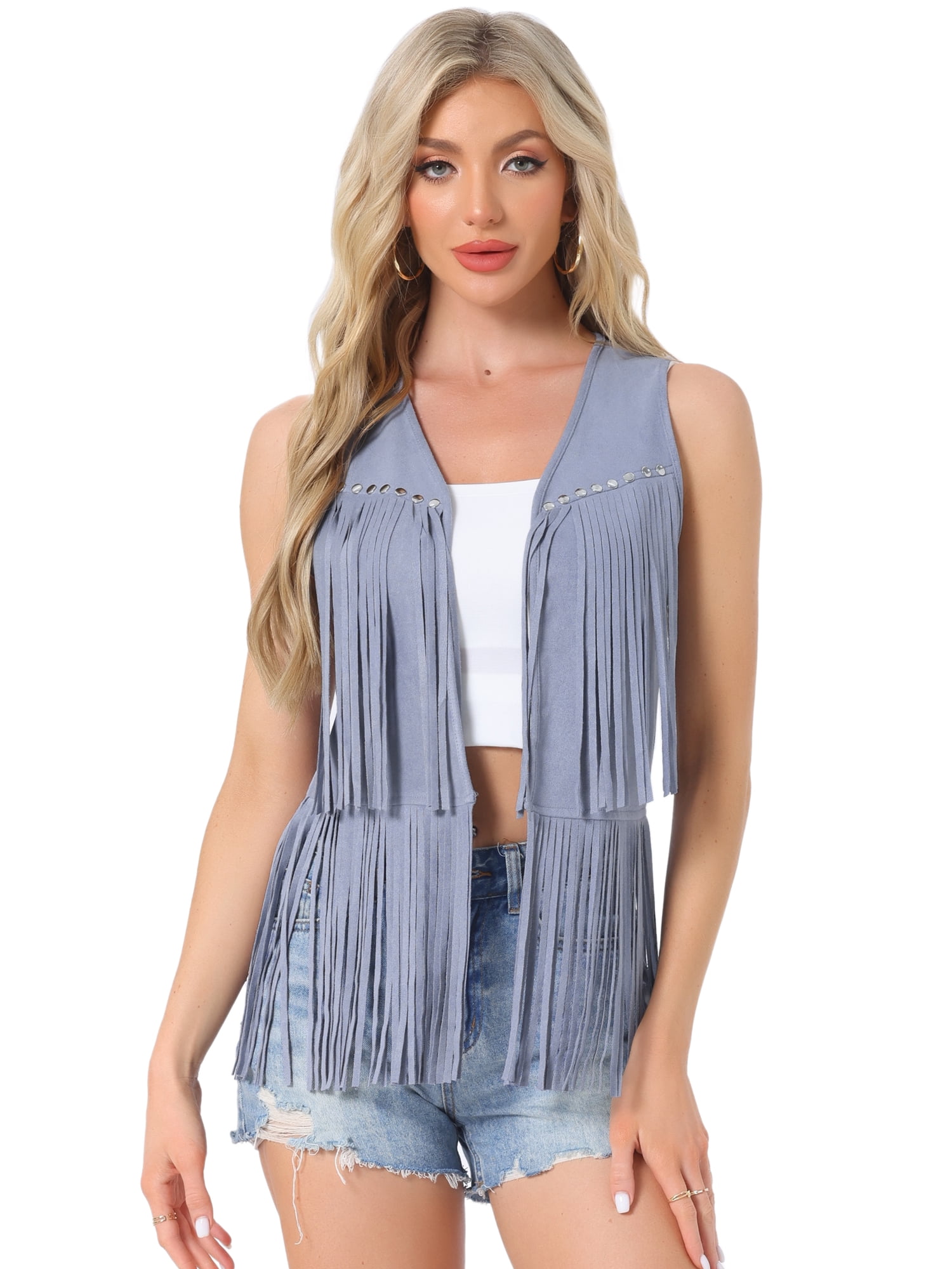 DARING DIVA Women's Fringe Vest Open Front Outfits Faux Suede Tassel Cardigan L Blue