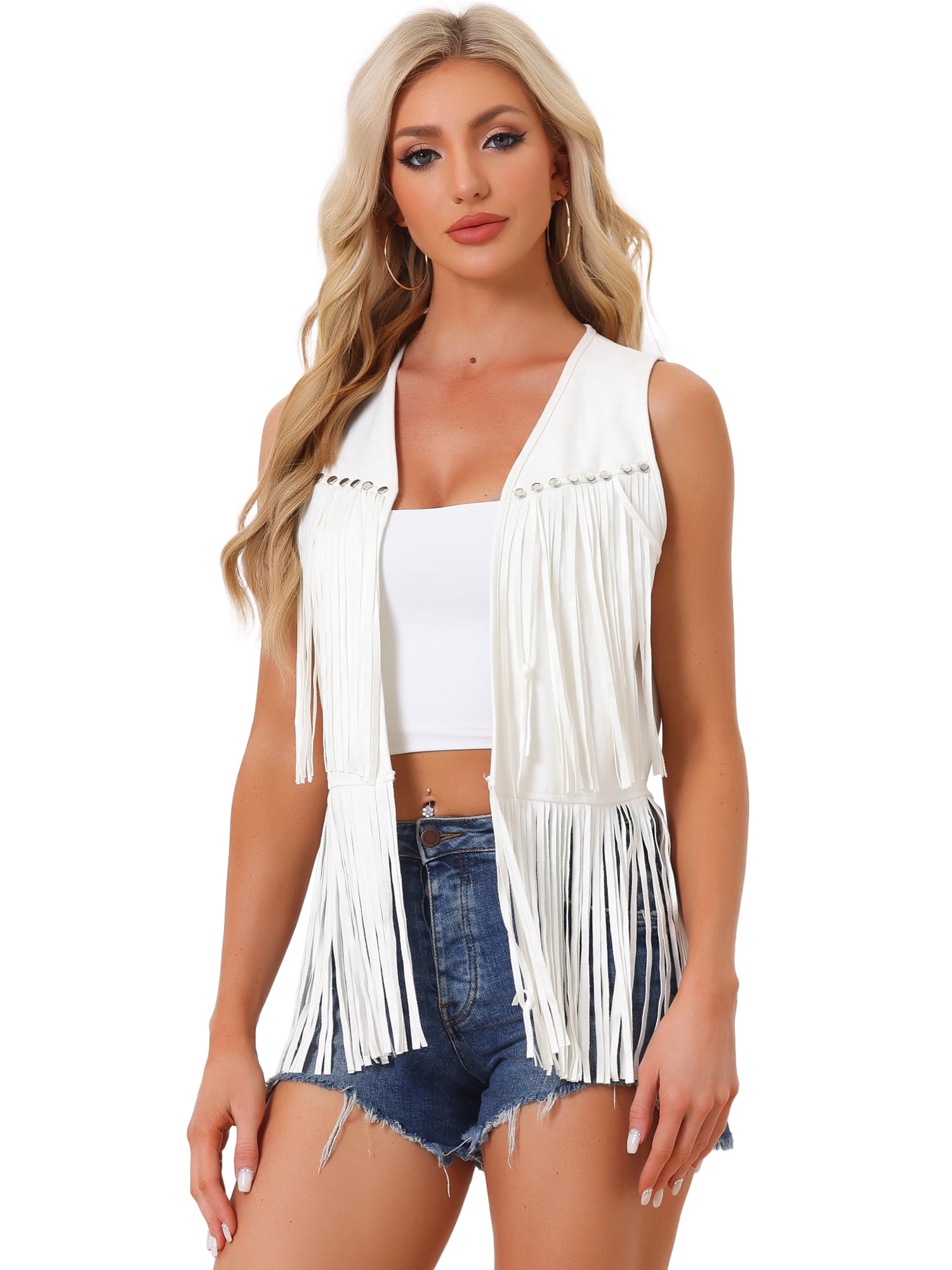 DARING DIVA Women's Fringe Vest Open Front Outfits Faux Suede Tassel Cardigan M White