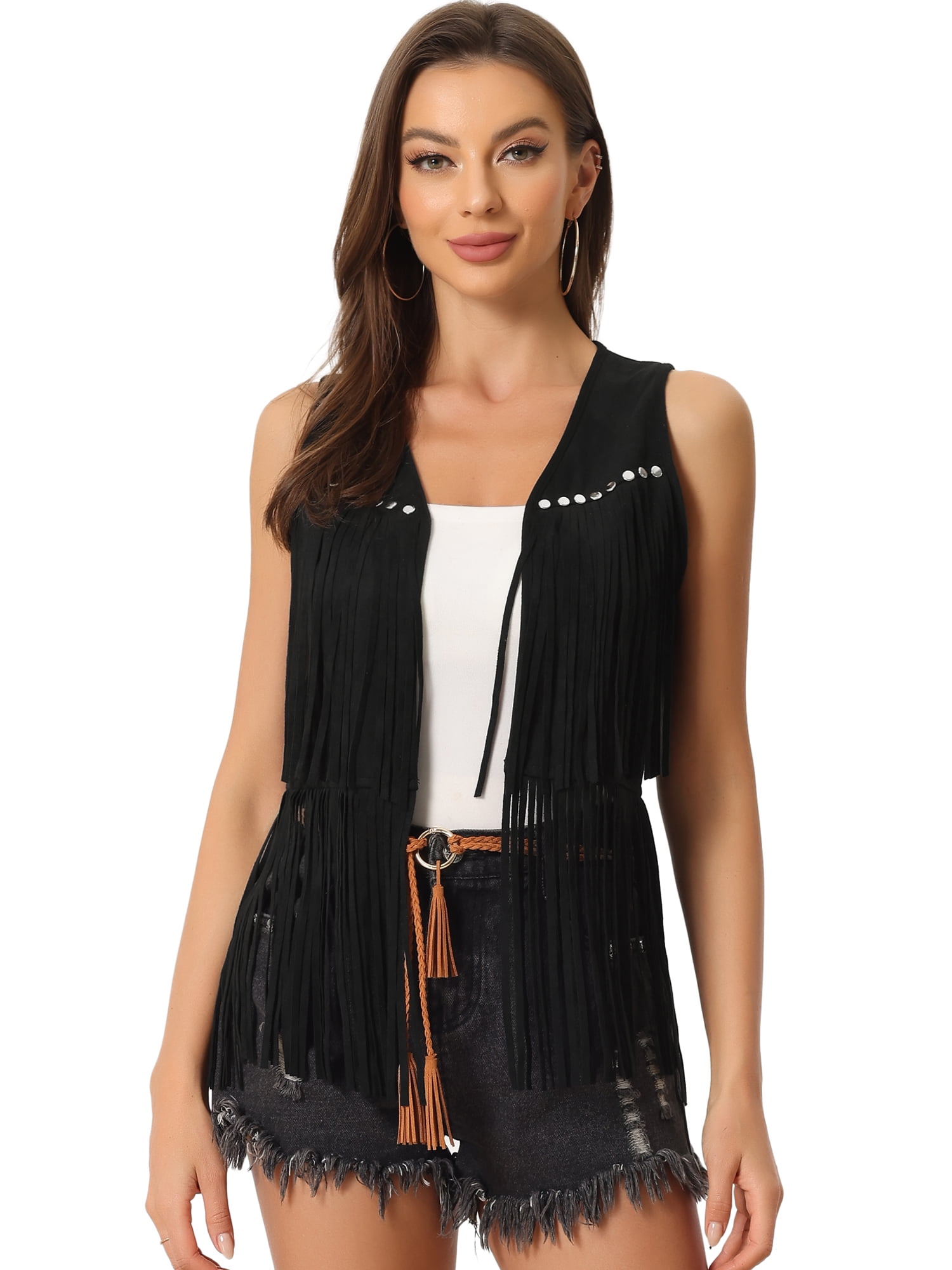 DARING DIVA Women's Fringe Vest Open Front Outfits Faux Suede Tassel Cardigan S Black