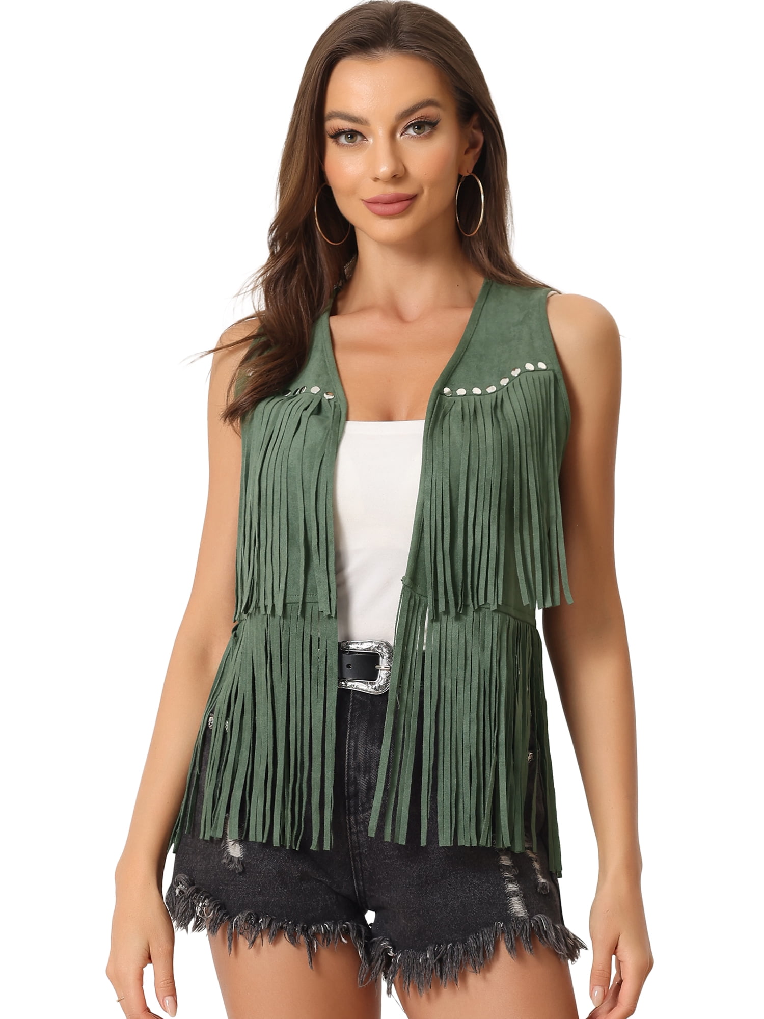 DARING DIVA Women's Fringe Vest Open Front Outfits Faux Suede Tassel Cardigan S Green