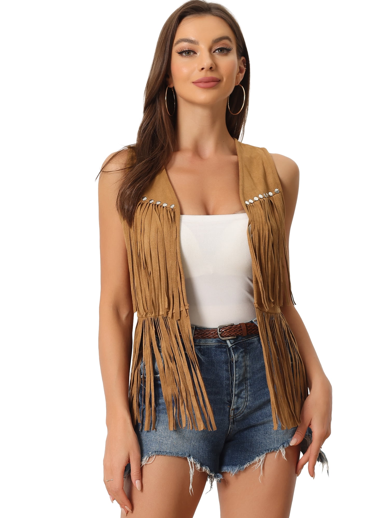 DARING DIVA Women's Fringe Vest Open Front Outfits Faux Suede Tassel Cardigan XS Yellow