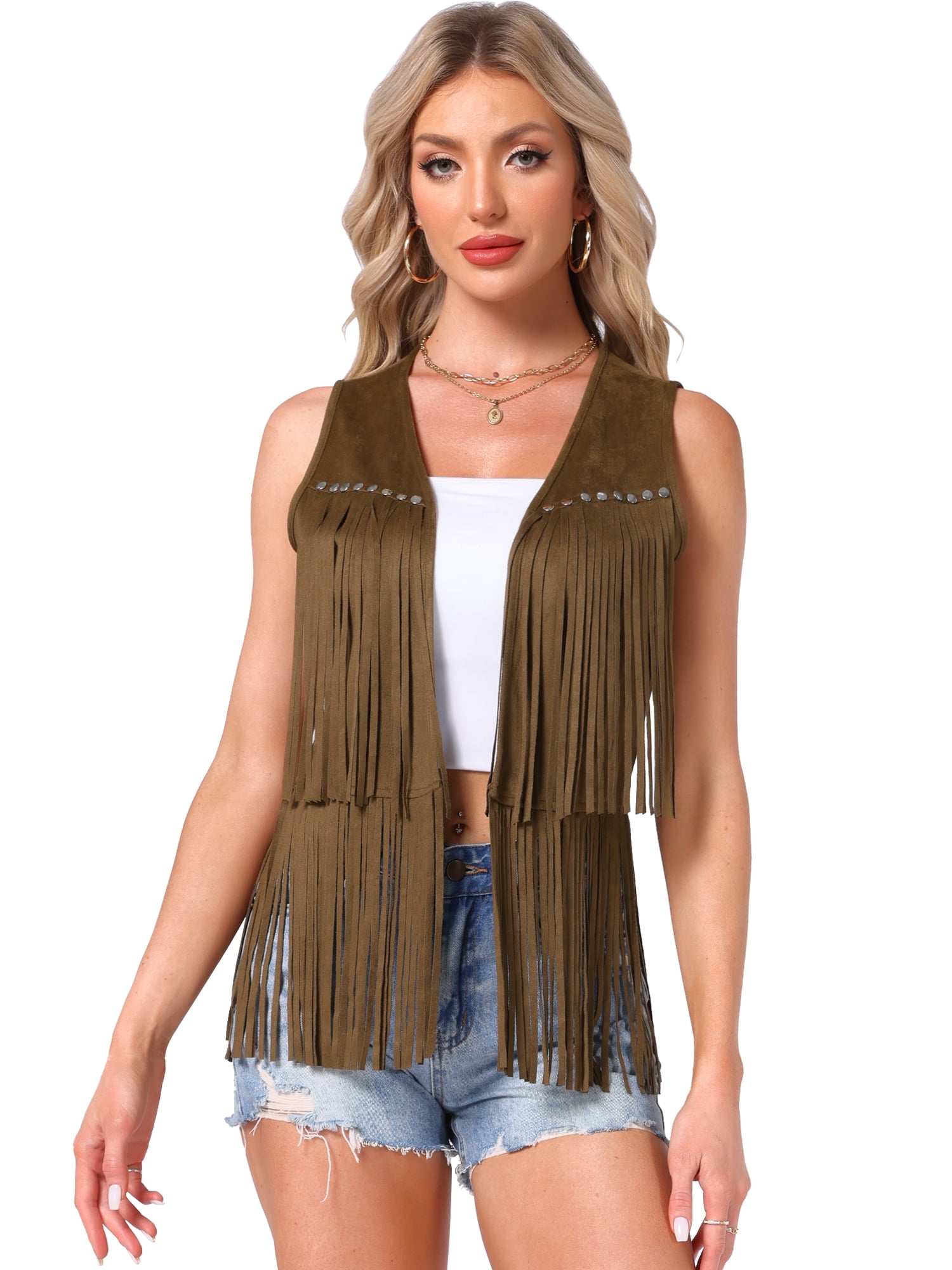 Unique Bargains Women's Fringe Vest Faux Suede Tassel Cardigan L