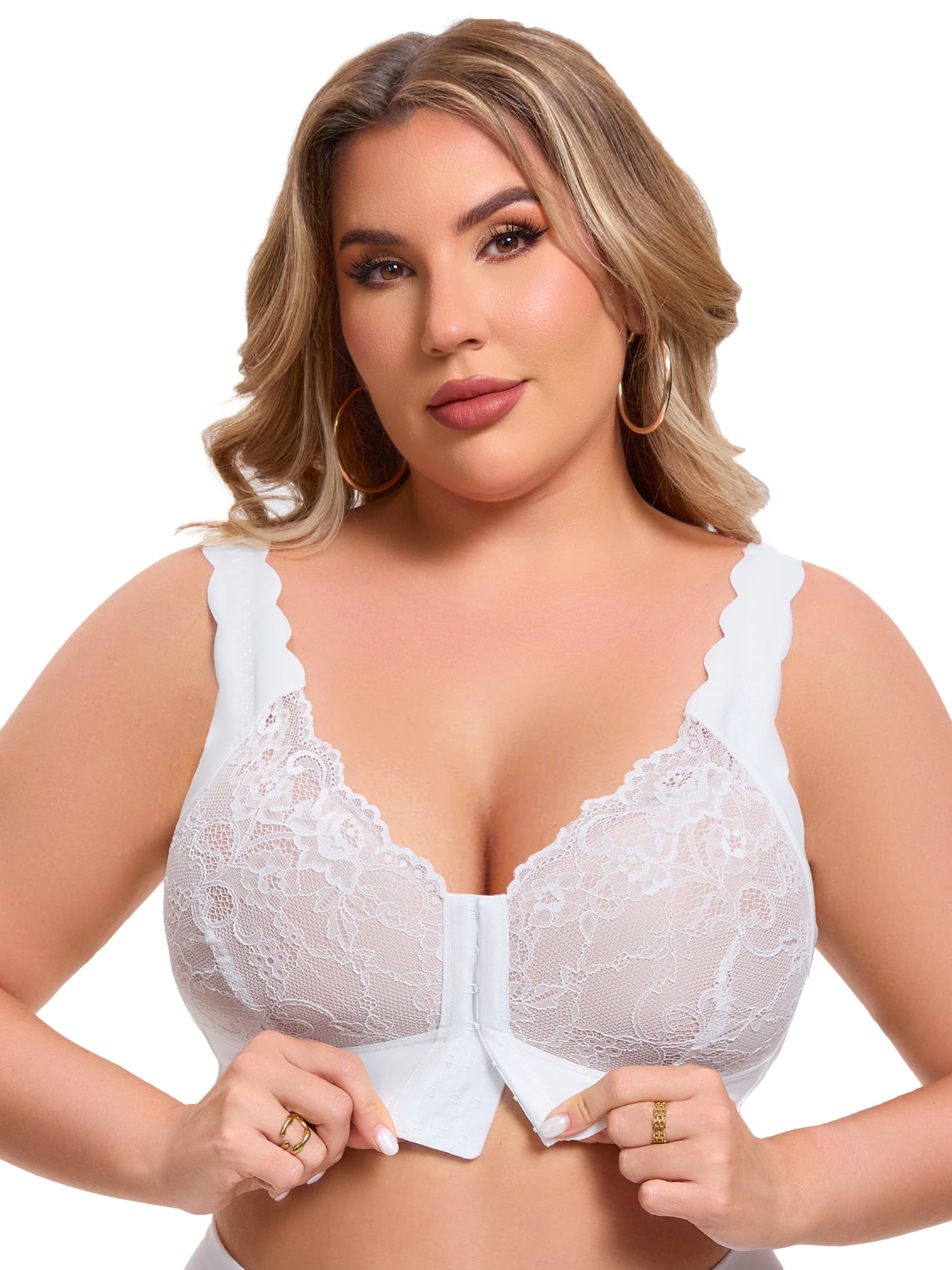 DARING DIVA Women's Front Closure Lace Bra Deep U Wire-Free Floral Bralette C 42 White