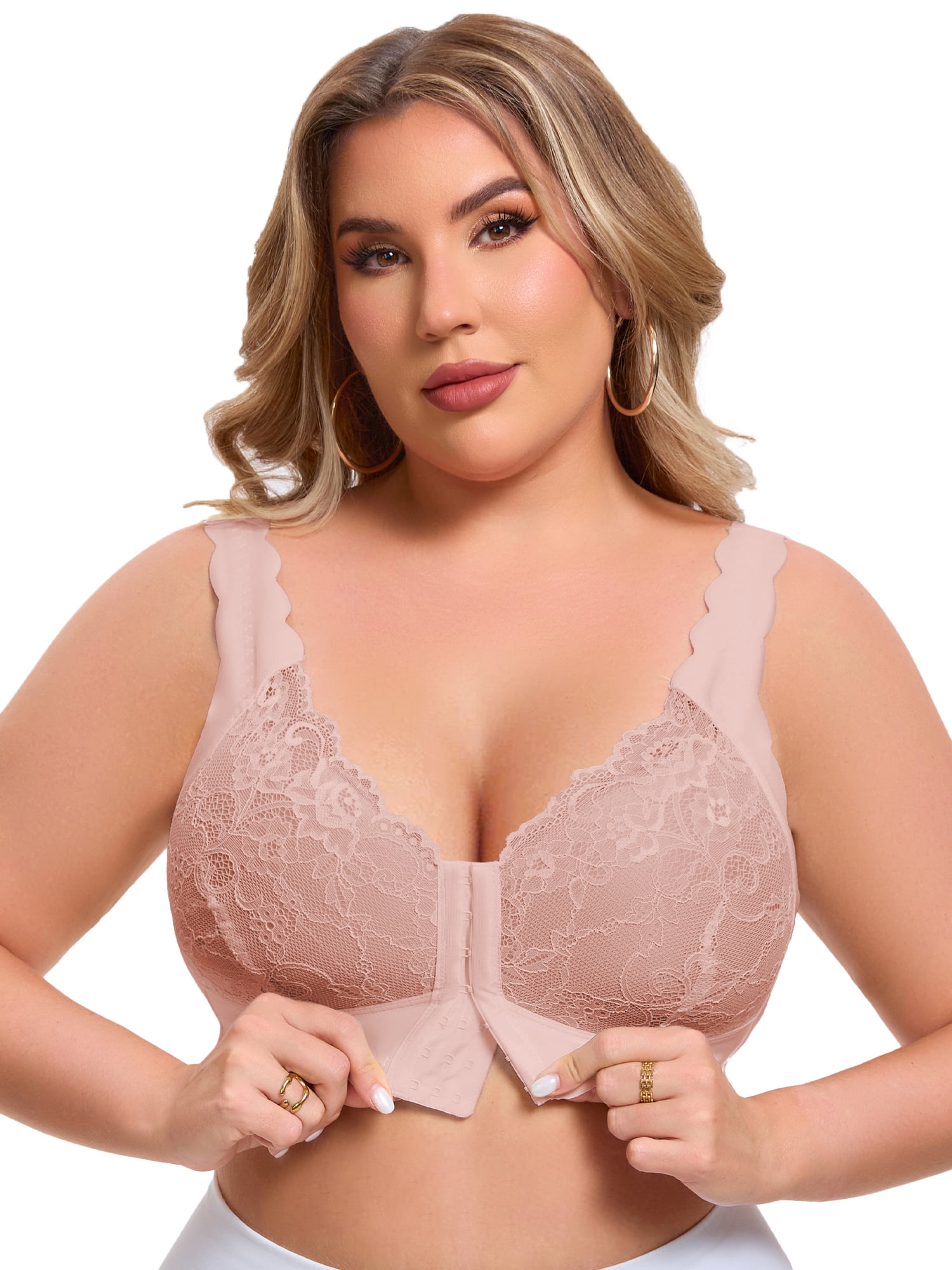 DARING DIVA Women's Front Closure Lace Bra Deep U Wire-Free Floral Bralette E 48 Beige