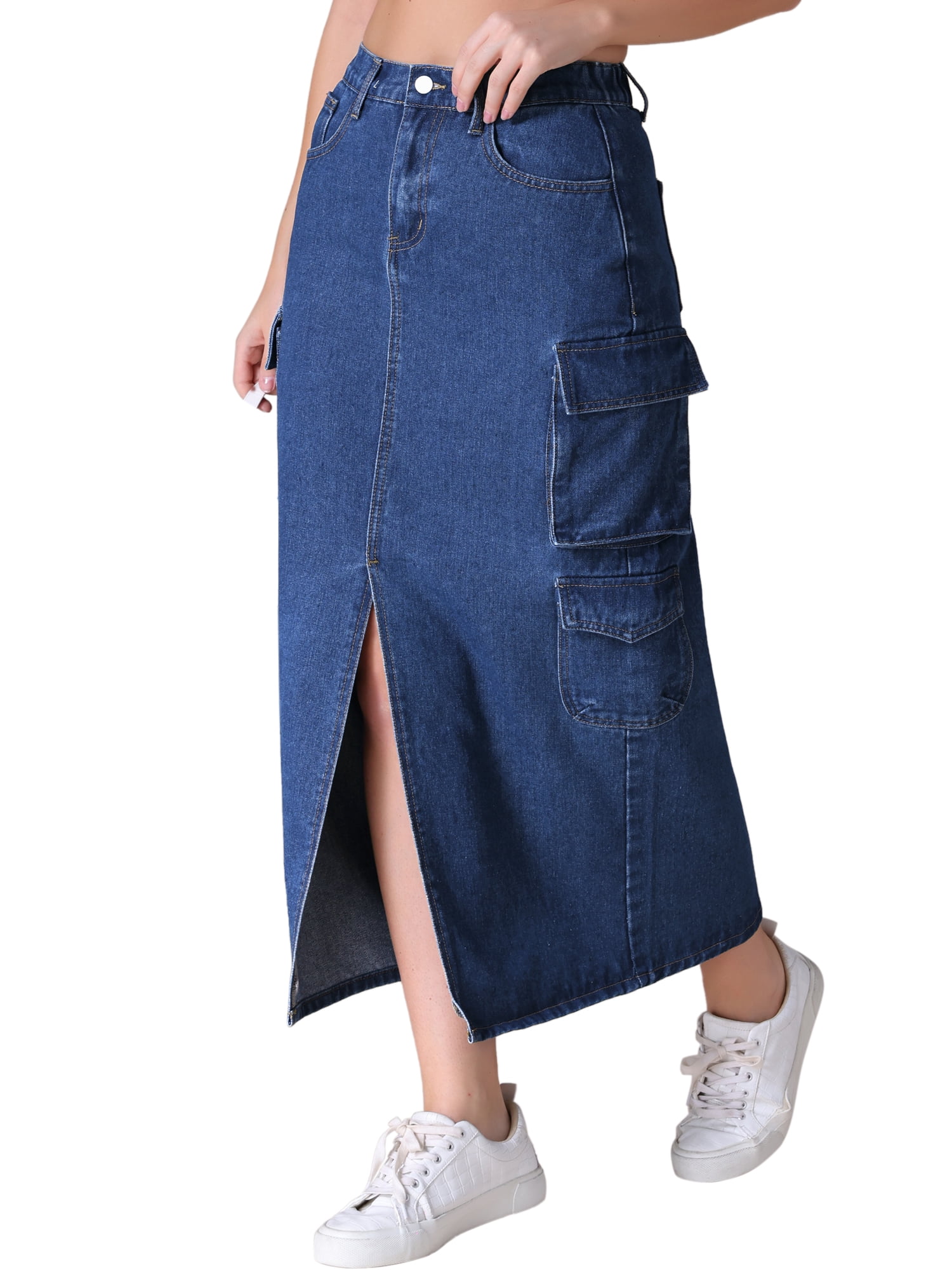 DARING DIVA Women's Front Split Flap Pockets Maxi Denim Skirt L Dark Blue