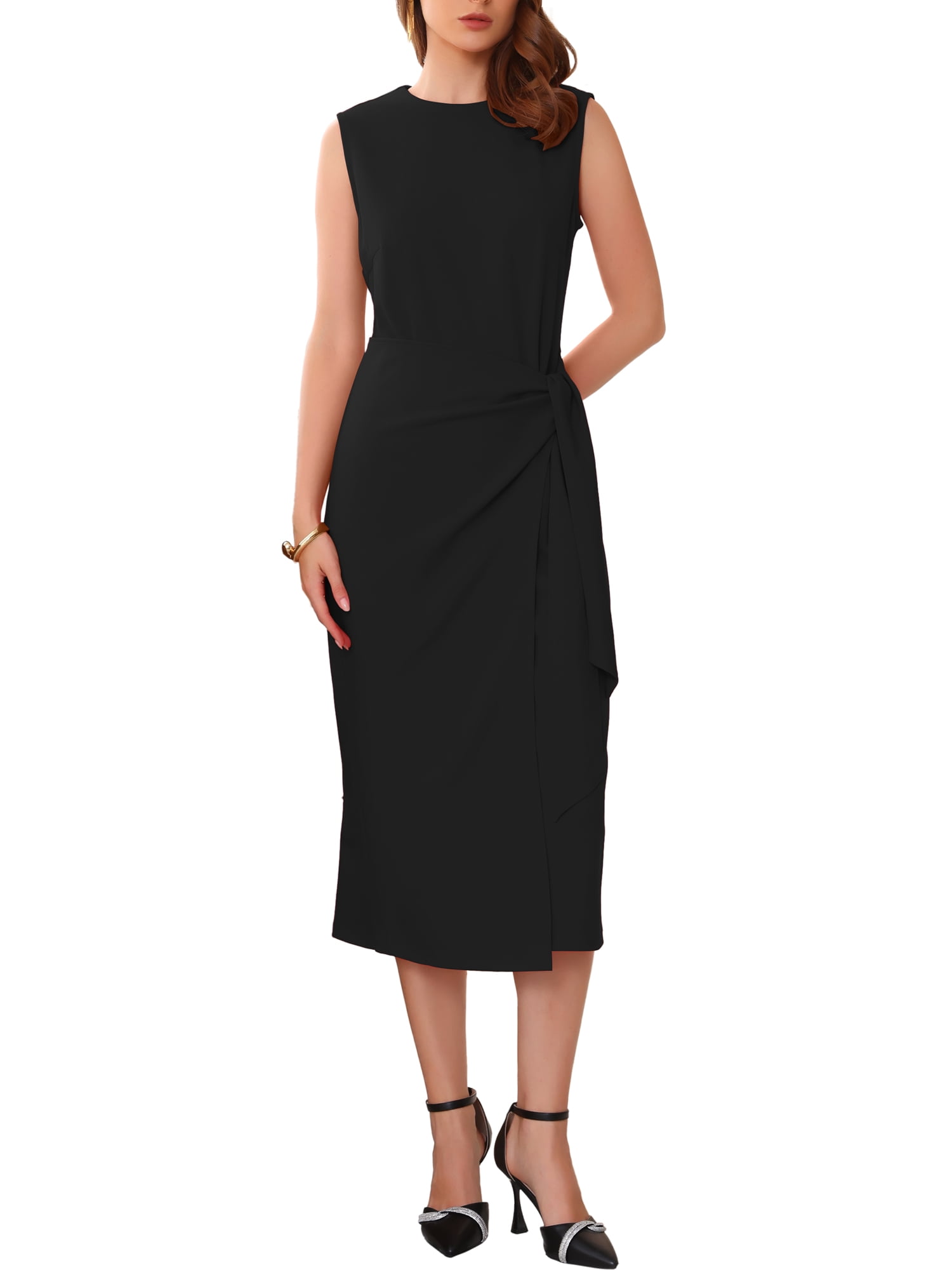 DARING DIVA Women's Front Tie Wrap Elegant Sleeveless Sheath Dress XL Black