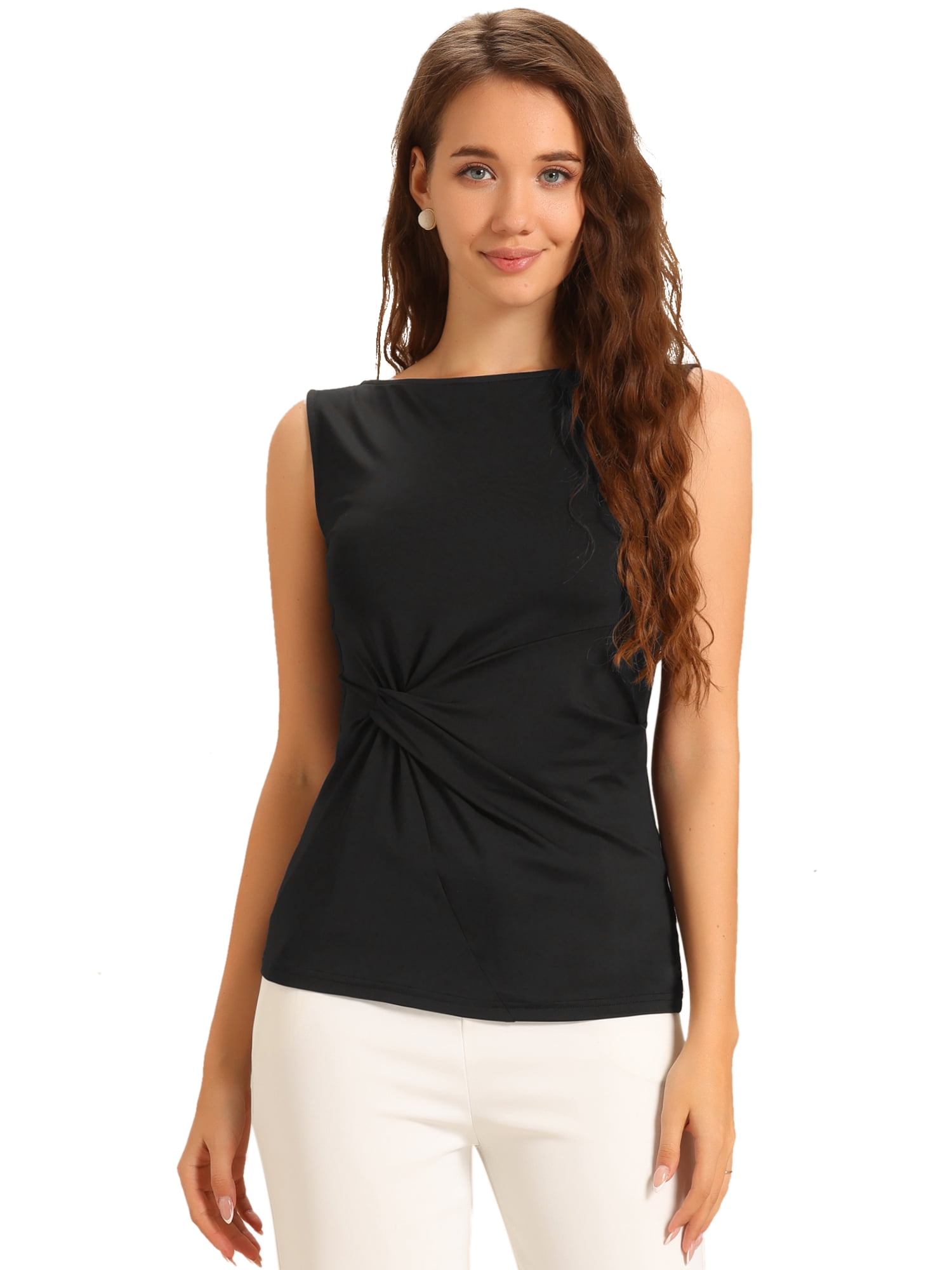 DARING DIVA Women's Front Twist Knot Tops Round Neck Sleeveless Top XS Black