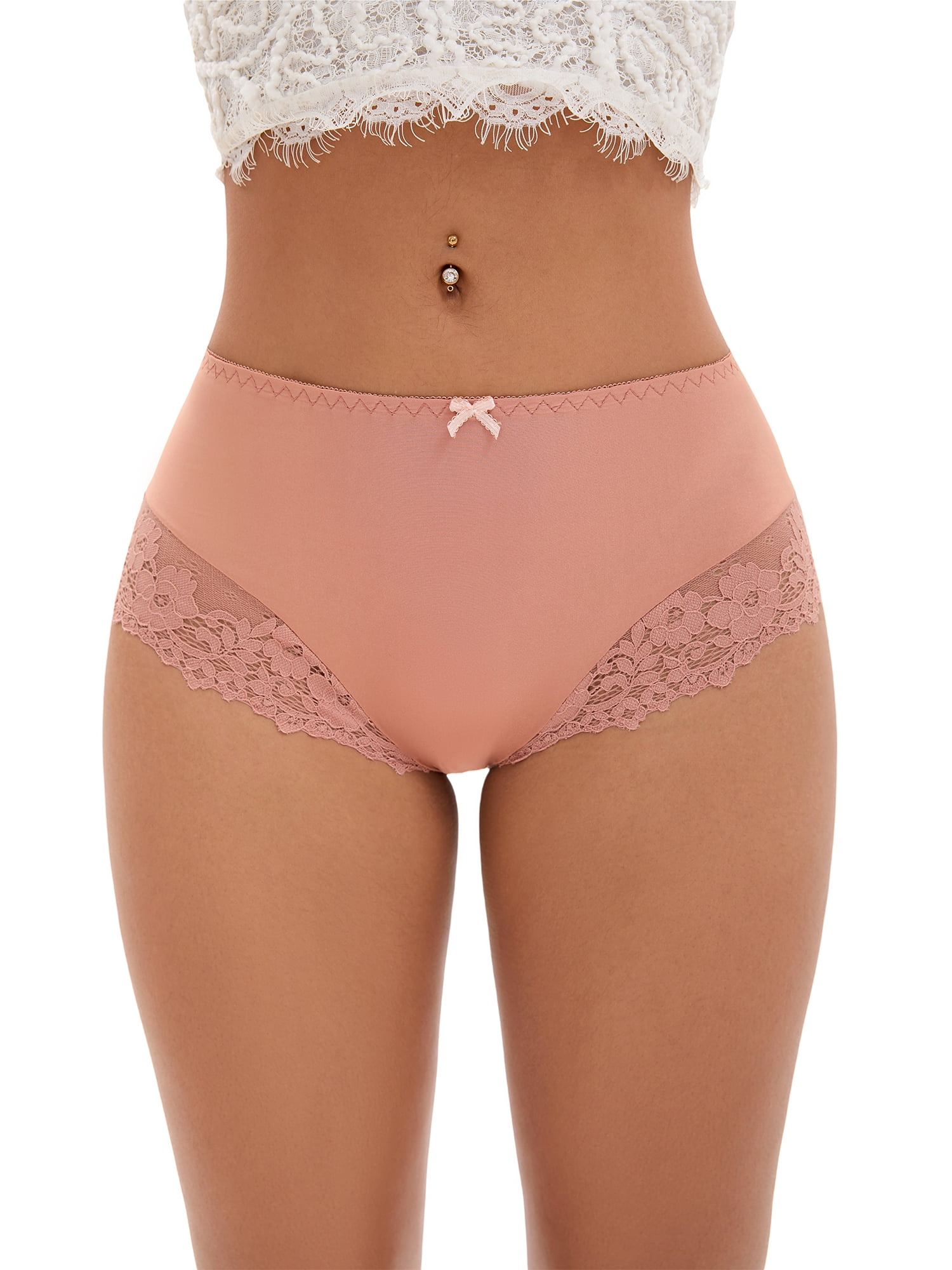 DARING DIVA Women's Lace Underwear Mid-Waisted Briefs Full Coverage Panties M Camel