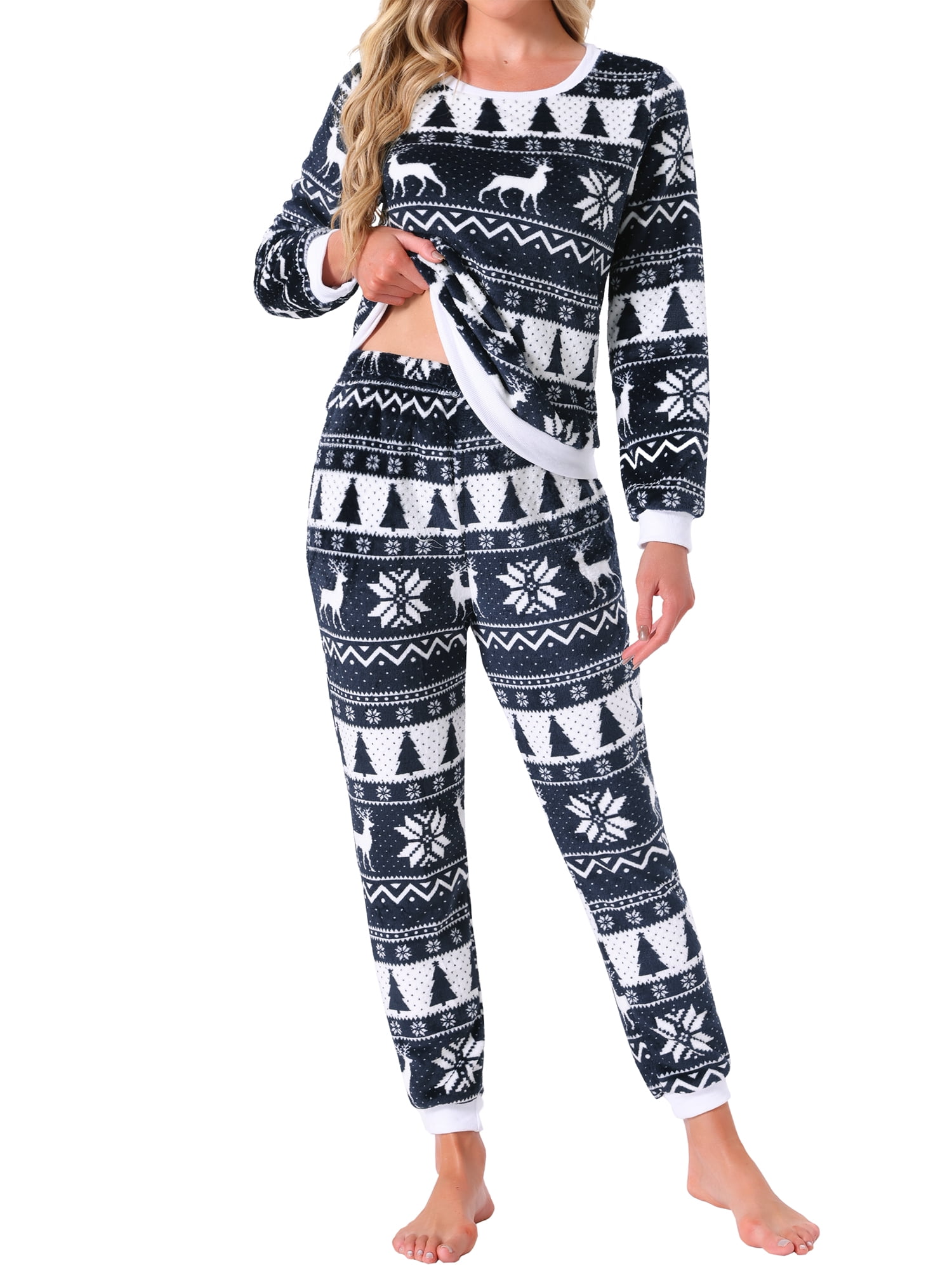 DARING DIVA Women's Fuzzy Fleece Pajama Sets Long Sleeve Top with Pants M Navy Blue